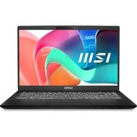 Black MSI Modern 15 laptop with colorful screen display, slim bezel, and backlit keyboard.