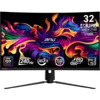 MSI MPG 321CURX QD-OLED monitor, 31.5", 3840x2160 resolution, curved screen, black stand, vibrant display graphics.