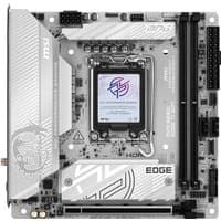 MSI MPG B860I EDGE TI WIFI motherboard, silver, LGA 1851 socket, mini ITX, with dragon logo and black slots.