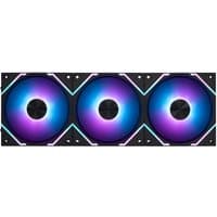Black MSI MPG EZ120 ARGB cooling kit with three 12 cm fans, vibrant RGB lighting in blue and purple hues.