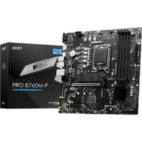 MSI PRO B760M-P motherboard, black micro ATX with LGA 1700 socket, multiple slots, and ports, next to product box.