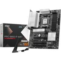 MSI PRO B850-P WIFI motherboard, black ATX board with silver heatsinks, AMD B850 Socket AM5, includes packaging.