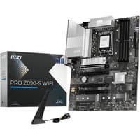 MSI PRO Z890-S WIFI motherboard, black ATX board with silver heatsinks, LGA 1851 socket, and included antenna.