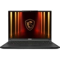 Black MSI Stealth A16 laptop with illuminated keyboard and dragon logo on screen.