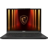 Black MSI Stealth A16 laptop with 16-inch display, red backlit keyboard, and dragon logo on screen.