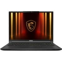 Black MSI Stealth A18 laptop, 18" screen, sleek design, Ryzen AI 9, NVIDIA RTX 5070 Ti, UK keyboard layout.