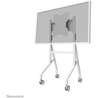 White Neomounts trolley for 55-65" screens, rotatable, with four wheels and a sturdy frame for fast installation.
