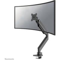 Black Neomounts monitor arm with gas spring, Topfix clamp, and 180° stop, supporting 10-49" screens.