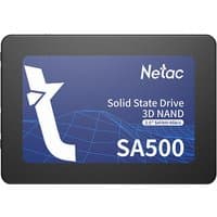 Black Netac SA500 128 GB 2.5" SSD with blue label, white text, and geometric design.
