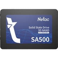 Black Netac SA500 480 GB SSD with blue label, white text, and geometric design.