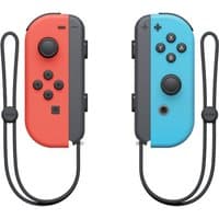 Red and blue Nintendo Joy-Con controllers with wrist straps, featuring buttons, joysticks, and Bluetooth connectivity.