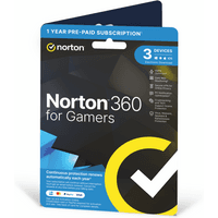 Norton 360 Deluxe for Gamers card, blue and black with yellow checkmark, 3 devices, 12-month subscription.