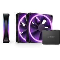 Black NZXT F120 RGB DUO 12 cm computer case fans with purple LED lighting, set of three with controller.