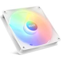 White NZXT F140 RGB computer case fan with multicolor LED lighting and square frame.