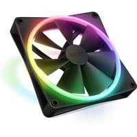 Black NZXT F140 RGB DUO Fan with dual light rings and sleek 14 cm blades, featuring vibrant multicolor LED lighting.