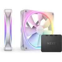 White NZXT F140 RGB DUO computer case fans, 14 cm, with vibrant RGB lighting, shown with a black NZXT controller.