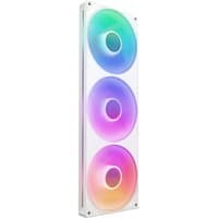 White NZXT F420 RGB Core computer case fan with three 14 cm multicolor LED-lit fans in a vertical array.
