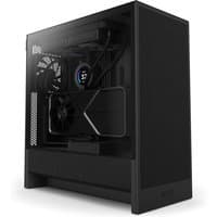 Black NZXT H5 Flow Midi Tower with mesh front panel, tempered glass side, and internal cooling fans visible.