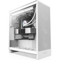 White NZXT H7 Flow Midi Tower with mesh front panel, transparent side, and internal cooling fans.