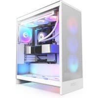 White NZXT H7 Flow RGB Midi Tower with mesh front panel, tempered glass side, and vibrant internal RGB lighting.