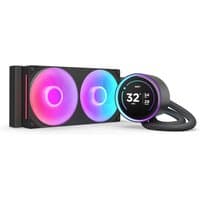 Black NZXT Kraken Elite 240 RGB cooler with dual 12 cm fans, vibrant LED lighting, and circular display on pump.