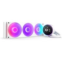 White NZXT Kraken Elite 360 RGB liquid cooler with three 12 cm fans and circular digital display.