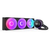Black NZXT Kraken Elite 420 RGB liquid cooler with three 14 cm fans and circular digital display.