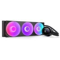Black NZXT Kraken Plus 360 RGB liquid cooler with three circular RGB fans and a sleek pump head.