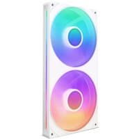 White NZXT computer cooling fan with dual RGB-lit circular fans in a rectangular frame.