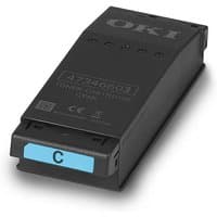 Black OKI toner cartridge with cyan label, rectangular shape, model 09006127, original design.