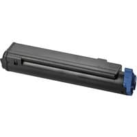 Black OKI 43979102 toner cartridge with a rectangular shape and blue cap on one end.
