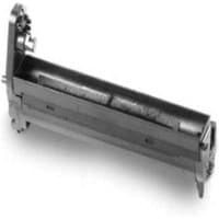 Black OKI 44318507 printer drum with cylindrical shape and gear-like ends.