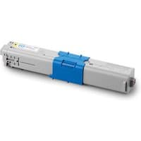 Gray OKI toner cartridge with blue handle and yellow label, rectangular shape, for printers.