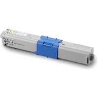 Gray OKI 44469722 toner cartridge with blue clip and yellow label, rectangular shape.