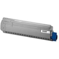Gray OKI 44973534 toner cartridge with magenta label and blue handle, rectangular shape with textured surface.