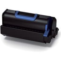Black OKI 45488802 toner cartridge with blue handle, rectangular shape, original design.