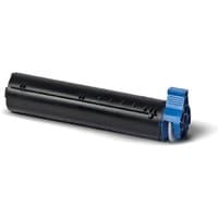 Black OKI toner cartridge with cylindrical shape and blue locking mechanism on one end.