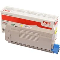 Beige OKI 46507613 toner cartridge with blue cap, original yellow, in branded packaging.