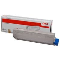 Gray OKI toner cartridge with blue end, packaged in a white box with red OKI branding and product image.