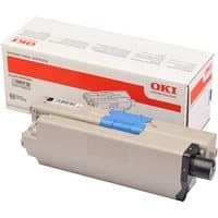 Beige OKI 46508716 toner cartridge with blue latch, black end cap, and branded packaging box.