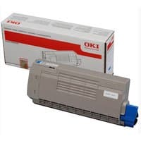 Gray OKI Cyan toner cartridge with blue cap, rectangular shape, alongside branded packaging box.