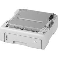 Gray OKI printer tray for C650dn, rectangular with paper slot and control panel, compact design.