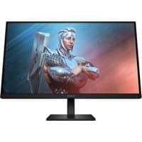 27-inch OMEN by HP gaming monitor, thin bezel, displaying a futuristic warrior, black stand, 165Hz refresh rate.