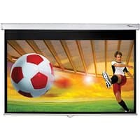 Optoma DS-9092PWC 92" projection screen, 16:9 aspect ratio, white casing, displaying soccer scene.