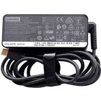 Black Lenovo power adapter with coiled cable, rectangular shape, and printed specifications on top surface.