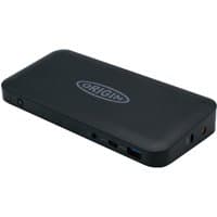 Black Origin Storage USB-C docking station with multiple ports and rounded edges.