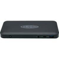 Black Origin Storage USB-C docking station with rounded edges, logo on top, and multiple ports on the front side.