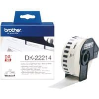Brother DK22214 Continuous Paper Tape, 12mm, black on white roll with dispenser, blue and white packaging.