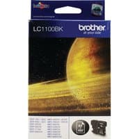 Brother LC1100BK black ink cartridge in blue and yellow box with planet graphic and product details.