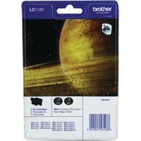 Brother LC1100BK Black Ink Cartridge Twin Pack, purple and black packaging with planet design and product details.
